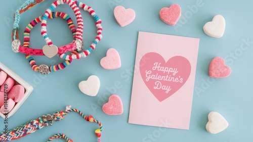 Chic Flat Lay of Friendship Bracelets and Galentine s Day Candies photo