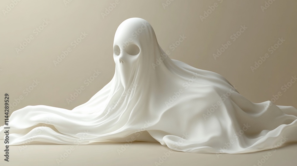 White ghost figure draped in flowing fabric, minimalist style. White ghost figure draped in flowing fabric, minimalist style.