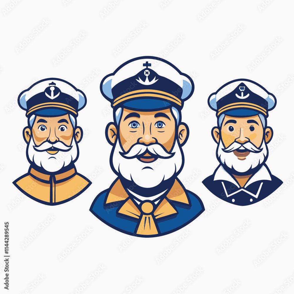 Set with bearded sailors wearing captain hats and pipes, showcasing their leadership and authority at sea. Set with bearded sailors wearing captain hats and pipes, showcasing their leadership and authority at sea.