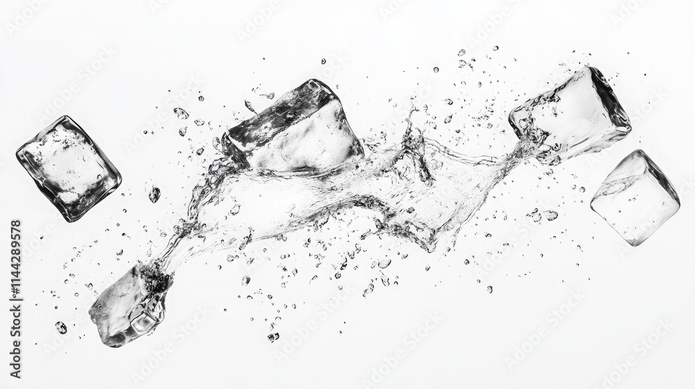 Ice Cubes Splashing into Water on a Clean White Canvas Ice Cubes Splashing into Water on a Clean White Canvas