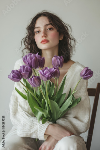 Young woman holding a bouquet of purple tulips