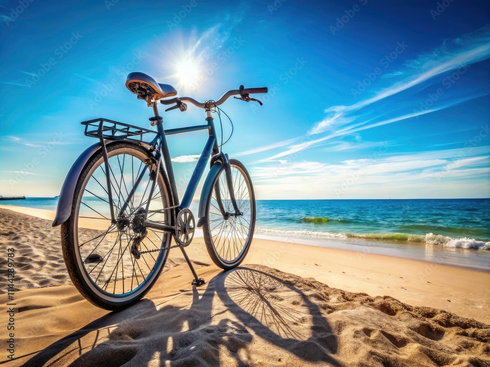 Fototapeta premium Beach Bike Rack Photos: Sandy Shore Cycling Storage, Bicycle Rack on Beach, Coastal Bike Transport, Oceanfront Bike Parking, Summer Beach Cycling