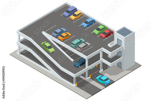 Isometric multi-level parking garage filled with various colored cars. The detailed building has ramps, parking spots, and surrounding greenery