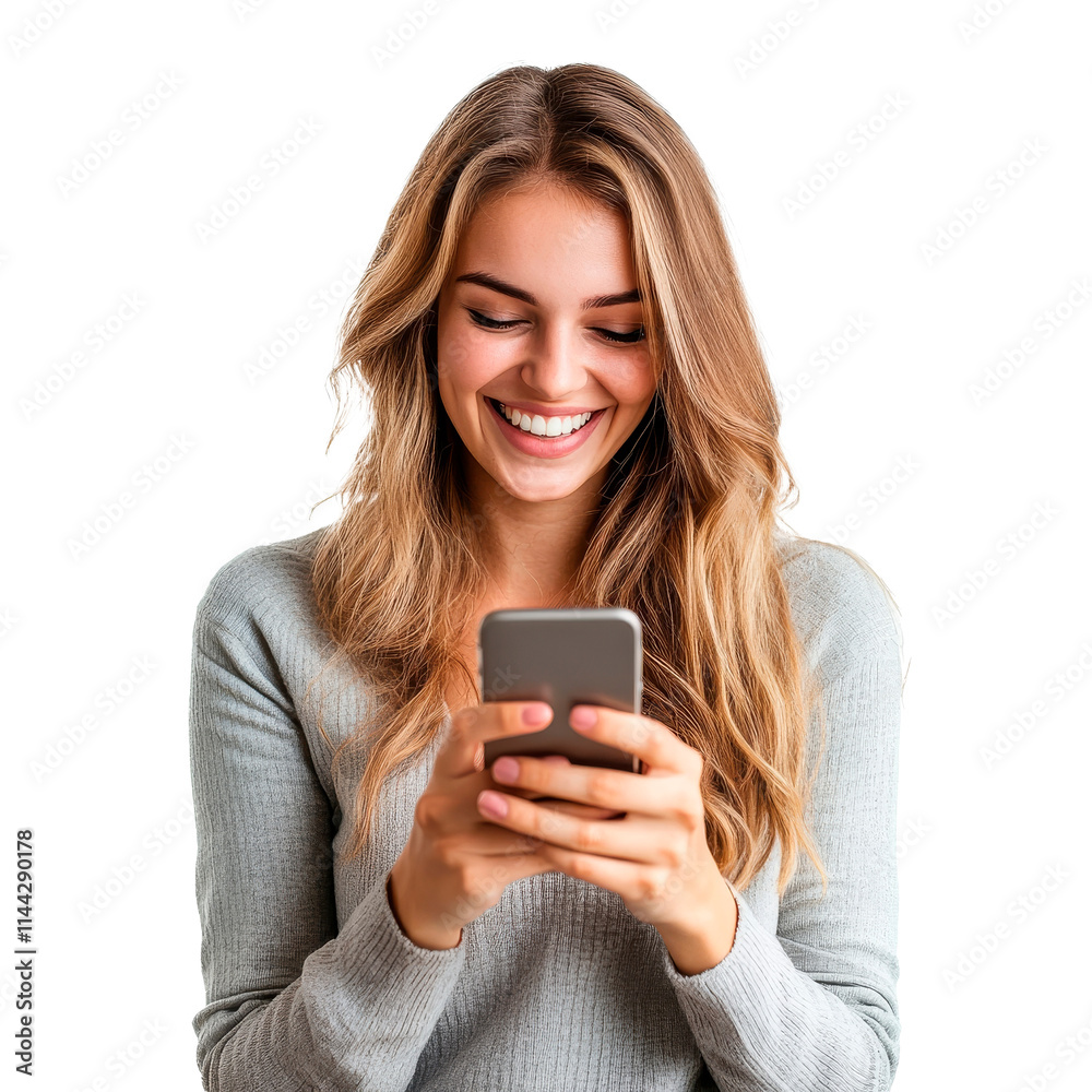 Young smiling woman using smartphone over transparent background. PNG transparent. Young smiling woman using smartphone over transparent background. PNG transparent.
