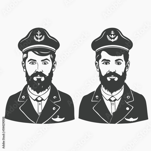 Set of man faces.Portrait of a sea captain, Marine old sailor or bluejacket, whistle and seaman with beard or men seafarer. travel by ship or boat.
