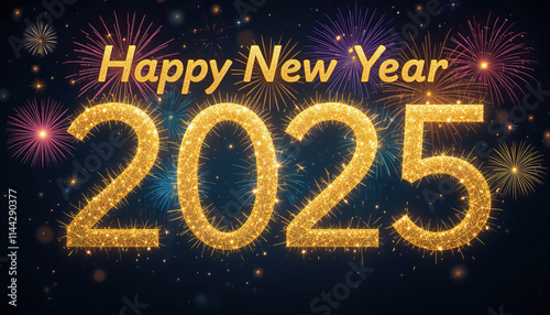 Golden sparkling 2025 text with fireworks and 'Happy New Year' message on a dark starry background symbolizing celebration