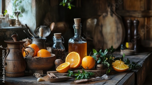 A rustic kitchen setup with ingredients for an ancient orange recipe, including honey and spices photo