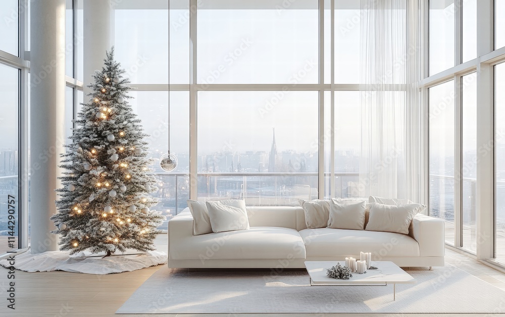 Obraz premium A bright open living room with floor-to-ceiling windows, a minimalist white sofa, and a frosted Christmas tree glowing with warm lights