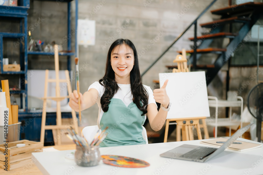 Cheerful female artist painting in a vibrant studio with brushes, a palette, and a blank canvas. Cheerful female artist painting in a vibrant studio with brushes, a palette, and a blank canvas.