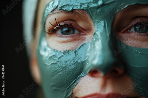 Woman with a green face mask on her face. She has a white bandana on her head photo