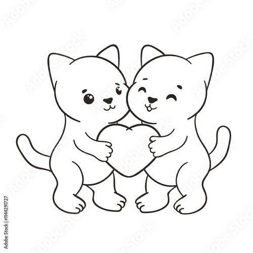 Happy Valentine's Day outline hand-drawn illustration with beige and grey adorable cartoon cats, hold big red heart while smiling lovingly, surrounded by small red hearts isolated on white background.