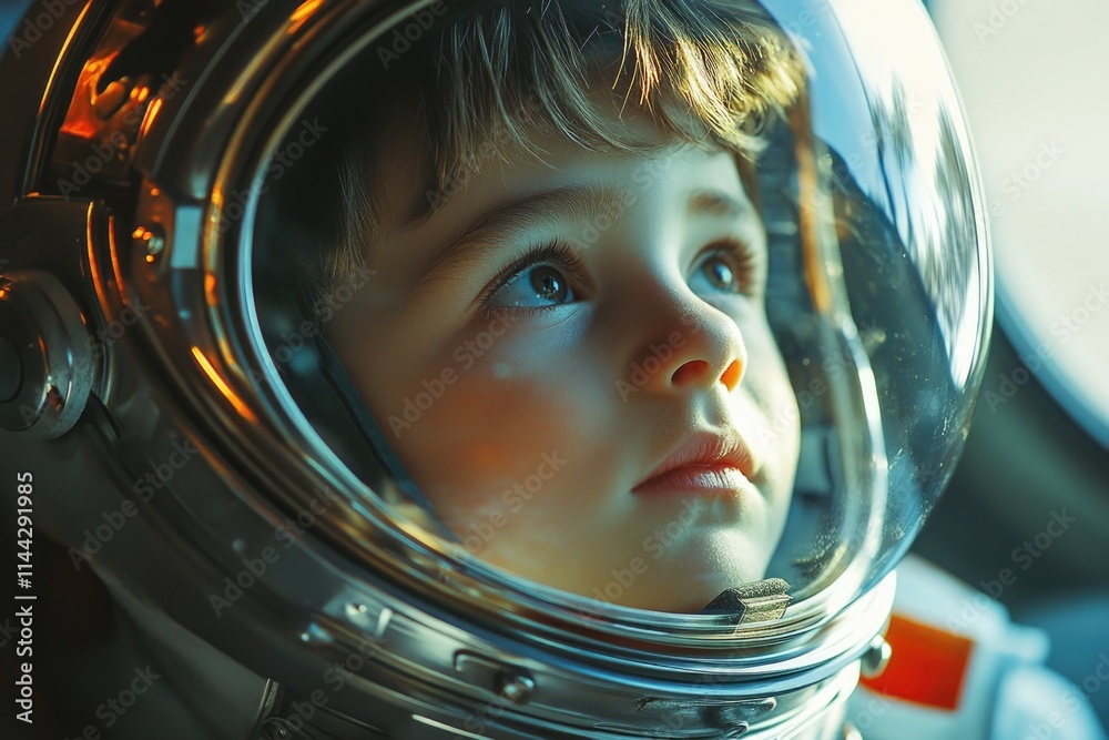 Boy in space suit gazes upward, embodying curiosity and the spirit of exploration. Boy in space suit gazes upward, embodying curiosity and the spirit of exploration.