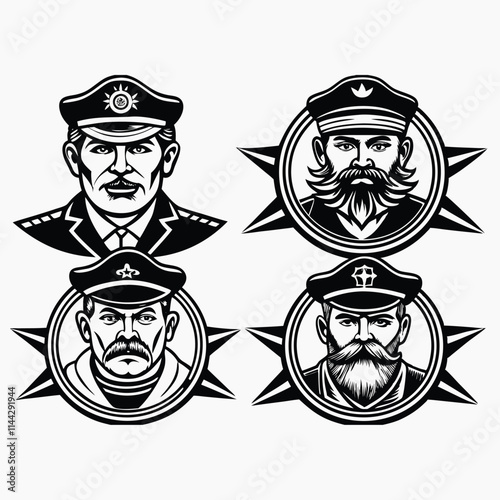 Bearded ship captain or skipper with a pipe and peaked cap for a marine nautical logo design for sailor. Vector illustration in cartoon style