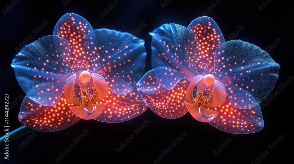 Glowing orchids with orange spots on petals. Glowing orchids with orange spots on petals.