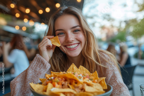 Happy young woman eating nachos at an outdoor restaurant