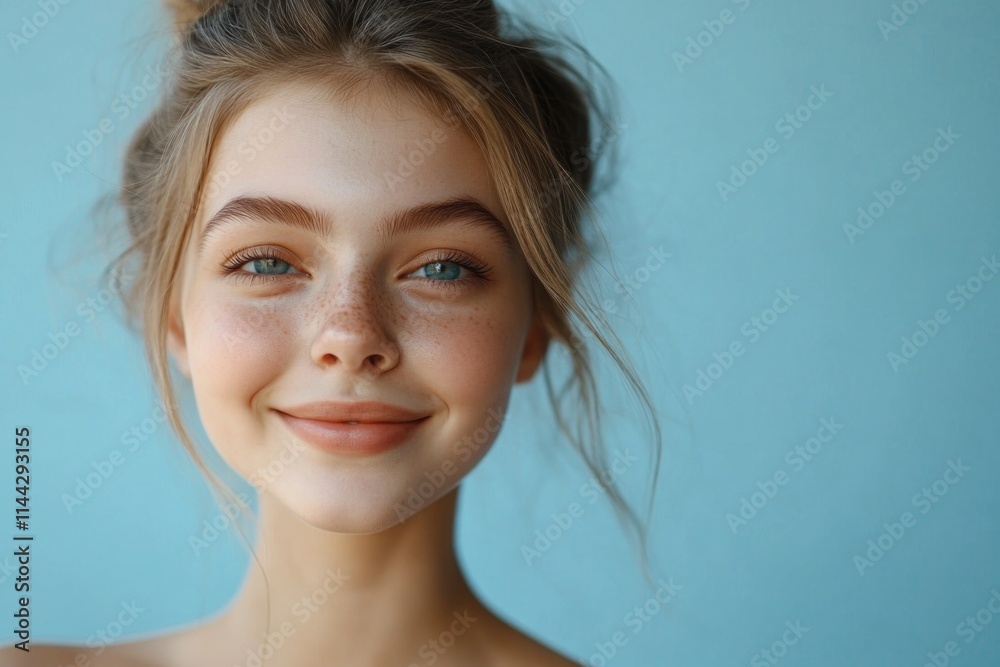 Woman with blue eyes and a smile on her face. She has a messy bun on her head Woman with blue eyes and a smile on her face. She has a messy bun on her head