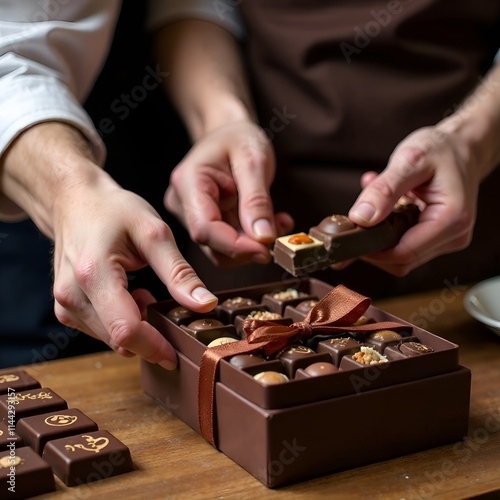 In a cozy chocolate shop, a master confectioner lovingly selects exquisite chocolate products: from delicate milk chocolate to rich dark chocolate, with the addition of crunchy nuts and aromatic fruit