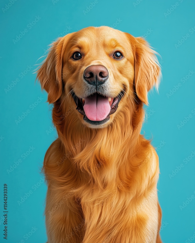 A cute golden retriever sitting upright with a playful expression, framed against a bright blue background A cute golden retriever sitting upright with a playful expression, framed against a bright blue background