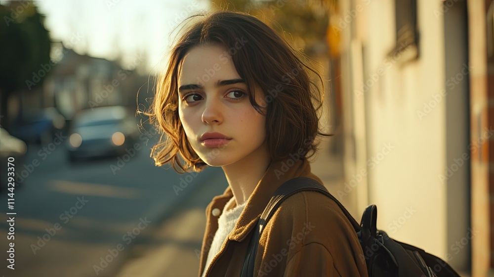 Fototapeta premium Thoughtful Young Woman with Short Hair Walking in Urban Environment