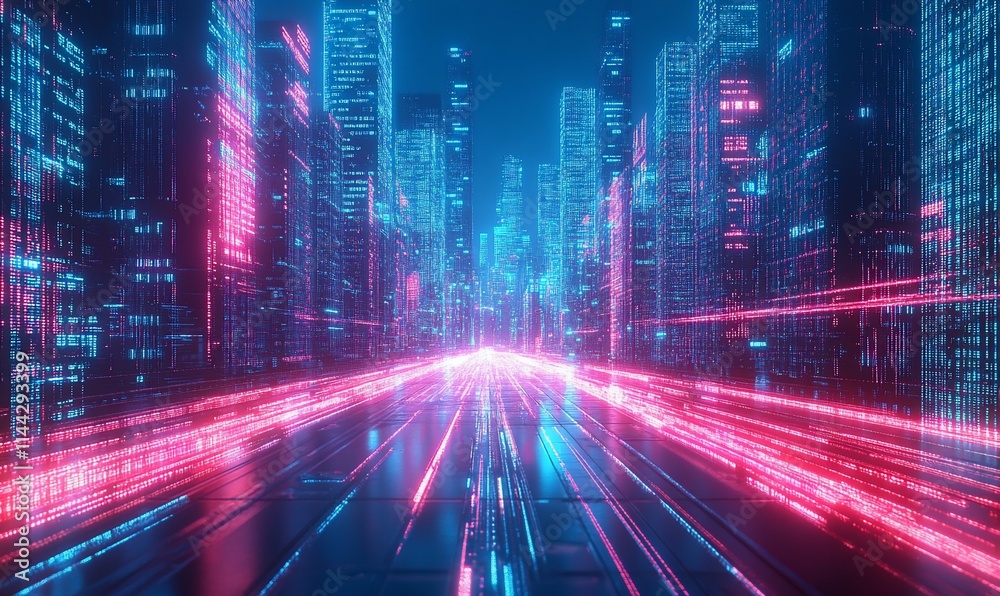 Futuristic city street with glowing neon lights and digital data streams. Futuristic city street with glowing neon lights and digital data streams.