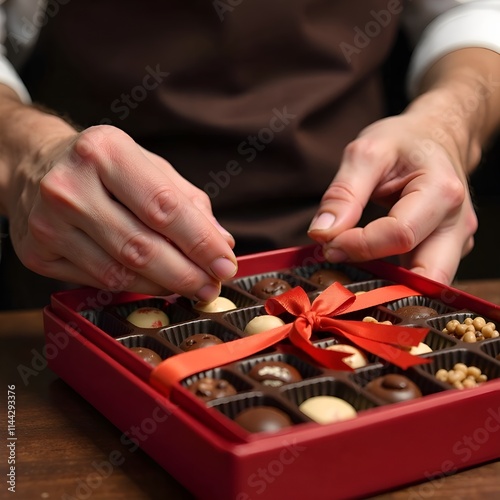 In a cozy chocolate shop, a master confectioner lovingly selects exquisite chocolate products: from delicate milk chocolate to rich dark chocolate, with the addition of crunchy nuts and aromatic fruit