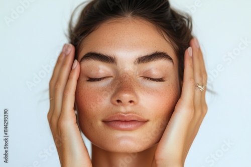 Wallpaper Mural Hands on face in serene pose, suggesting self-care and relaxation. Woman's complexion is clear and healthy. Torontodigital.ca