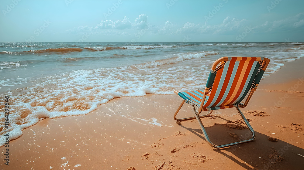 Beach chair by the shore with gentle waves.