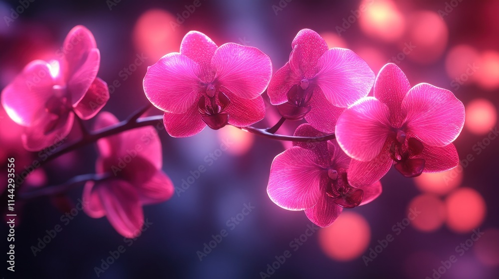 Vibrant pink orchids illuminated against a blurred background. Vibrant pink orchids illuminated against a blurred background.