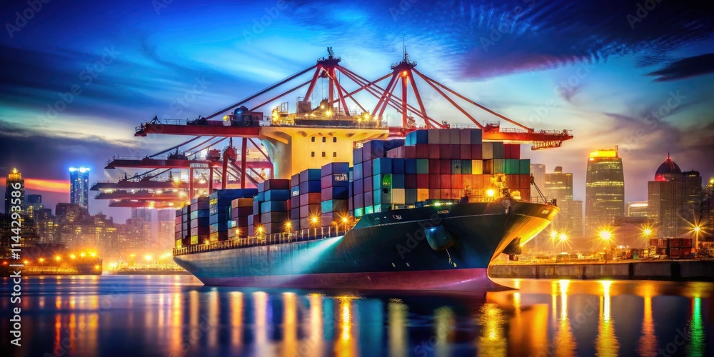 Fototapeta premium Cargo Ship Arrival Bokeh, Night Harbor, Ocean Freight, Vessel Docking, Port Scene, Maritime Photography, Blurred Background, Cinematic Lighting