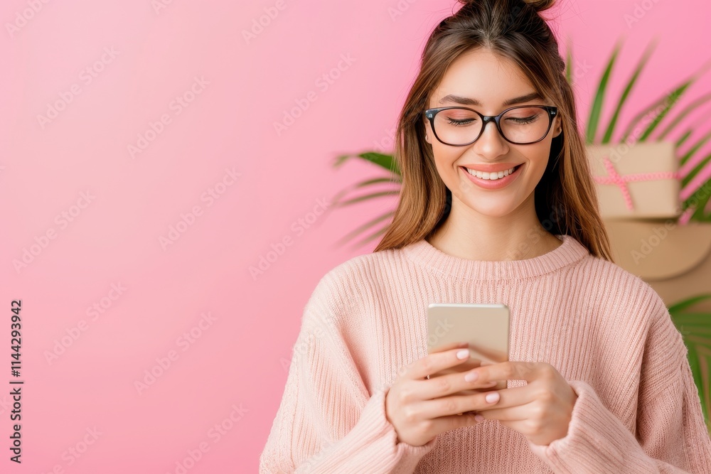 A smiling woman in glasses uses her smartphone against a pink background, exuding a cheerful and relaxed vibe. A smiling woman in glasses uses her smartphone against a pink background, exuding a cheerful and relaxed vibe.