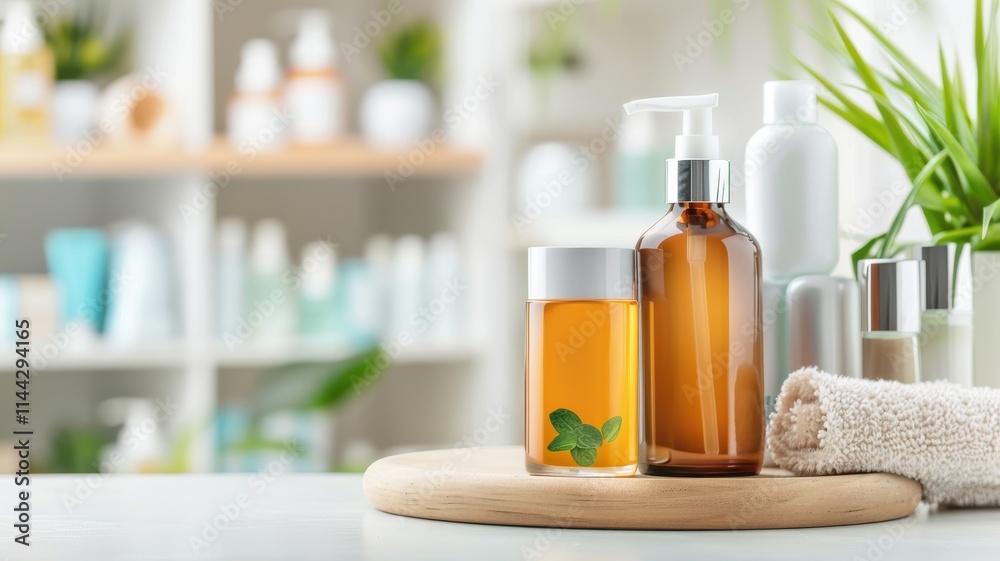 Aesthetic arrangement of skincare products on a wooden tray, featuring amber and clear bottles, with a soothing green background. Aesthetic arrangement of skincare products on a wooden tray, featuring amber and clear bottles, with a soothing green background.