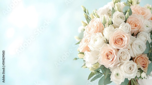 Elegant bridal bouquet of pastel roses and lisianthus.