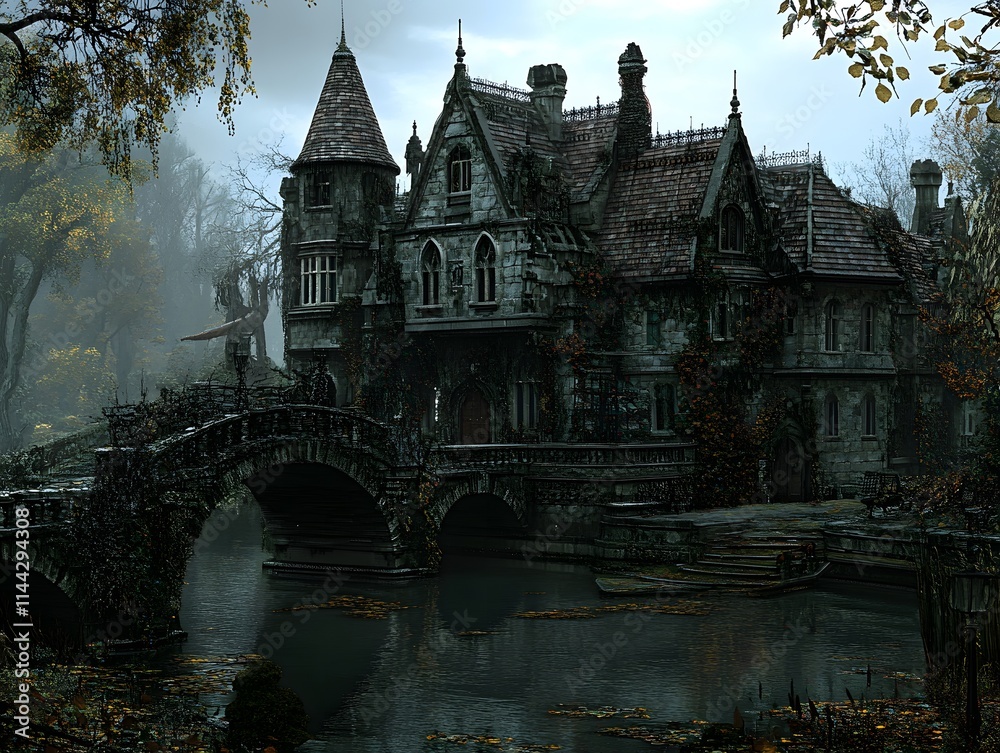 Gothic stone mansion by a misty canal, arched bridge. Gothic stone mansion by a misty canal, arched bridge.