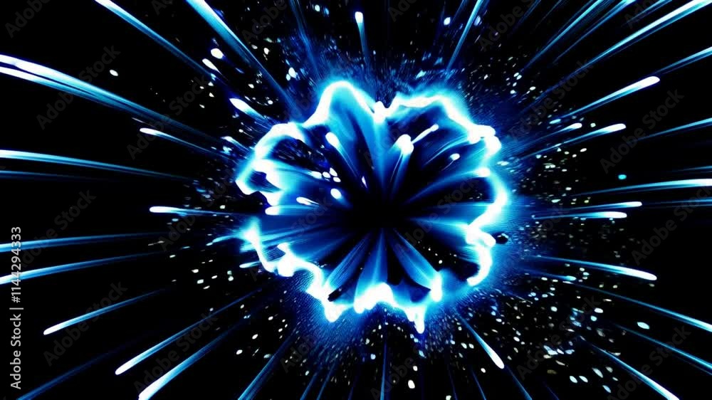 Animación abstracta de vibrantes partículas azules estallando en un efecto de fuegos artificiales sobre un fondo negro