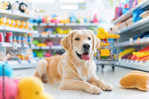 A playful golden retriever lies in a pet store aisle surrounded by colorful toys, showcasing a cheerful atmosphere for pets and their owners.