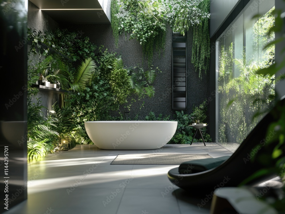 A luxurious bathroom featuring an abundance of indoor plants for a jungle-like atmosphere, emphasizing eco-friendly and serene design. A luxurious bathroom featuring an abundance of indoor plants for a jungle-like atmosphere, emphasizing eco-friendly and serene design.