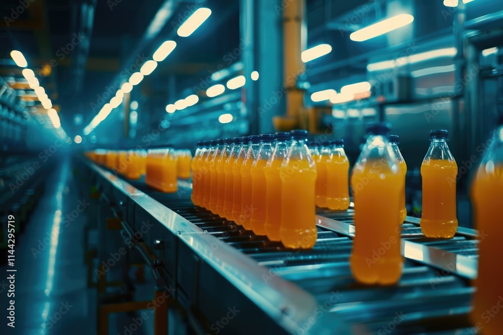 Industrial beverage factory with blue interior and conveyor belt.