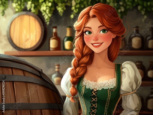 Girl with long red hair is smiling at the camera. She is wearing a green dress and a green shirt. She is standing in front of a barrel photo