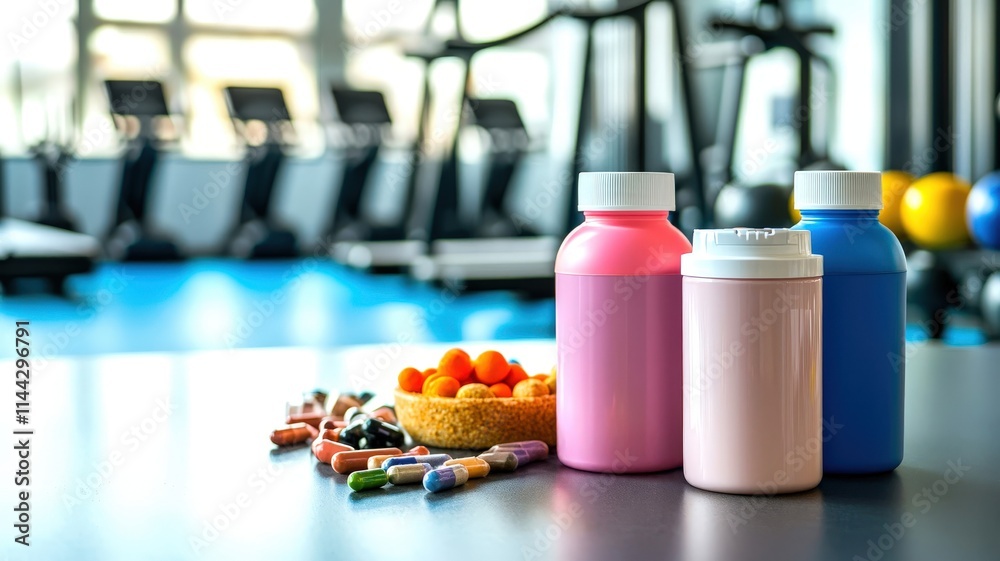 A vibrant scene featuring colorful protein bottles and a bowl of snacks for muscle building, set against a backdrop of gym equipment, promoting fitness and healthy living. A vibrant scene featuring colorful protein bottles and a bowl of snacks for muscle building, set against a backdrop of gym equipment, promoting fitness and healthy living.
