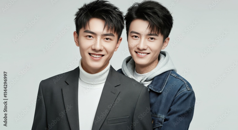 Close bond between young asian males in stylish casual and formal attire Close bond between young asian males in stylish casual and formal attire