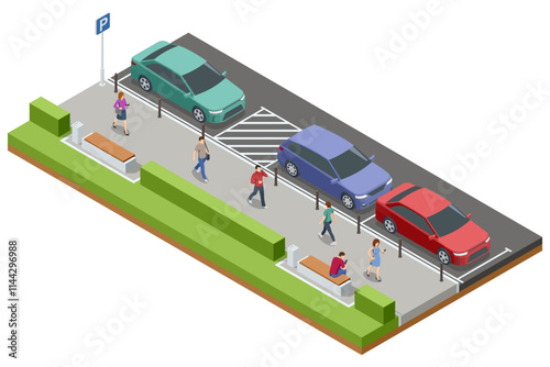 Isometric illustration of a parking lot with cars, a handicap parking spot, and a pedestrian pathway. Benches and green hedges provide seating and landscaping along the walkway