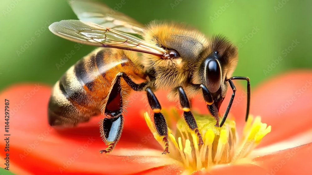 A close-up of a bee collecting nectar from a vibrant flower, showcasing its detailed anatomy and the beauty of nature. A close-up of a bee collecting nectar from a vibrant flower, showcasing its detailed anatomy and the beauty of nature.