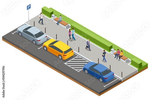 Isometric illustration of a parking lot with cars, a handicap parking spot, and a pedestrian pathway. Benches and green hedges provide seating and landscaping along the walkway