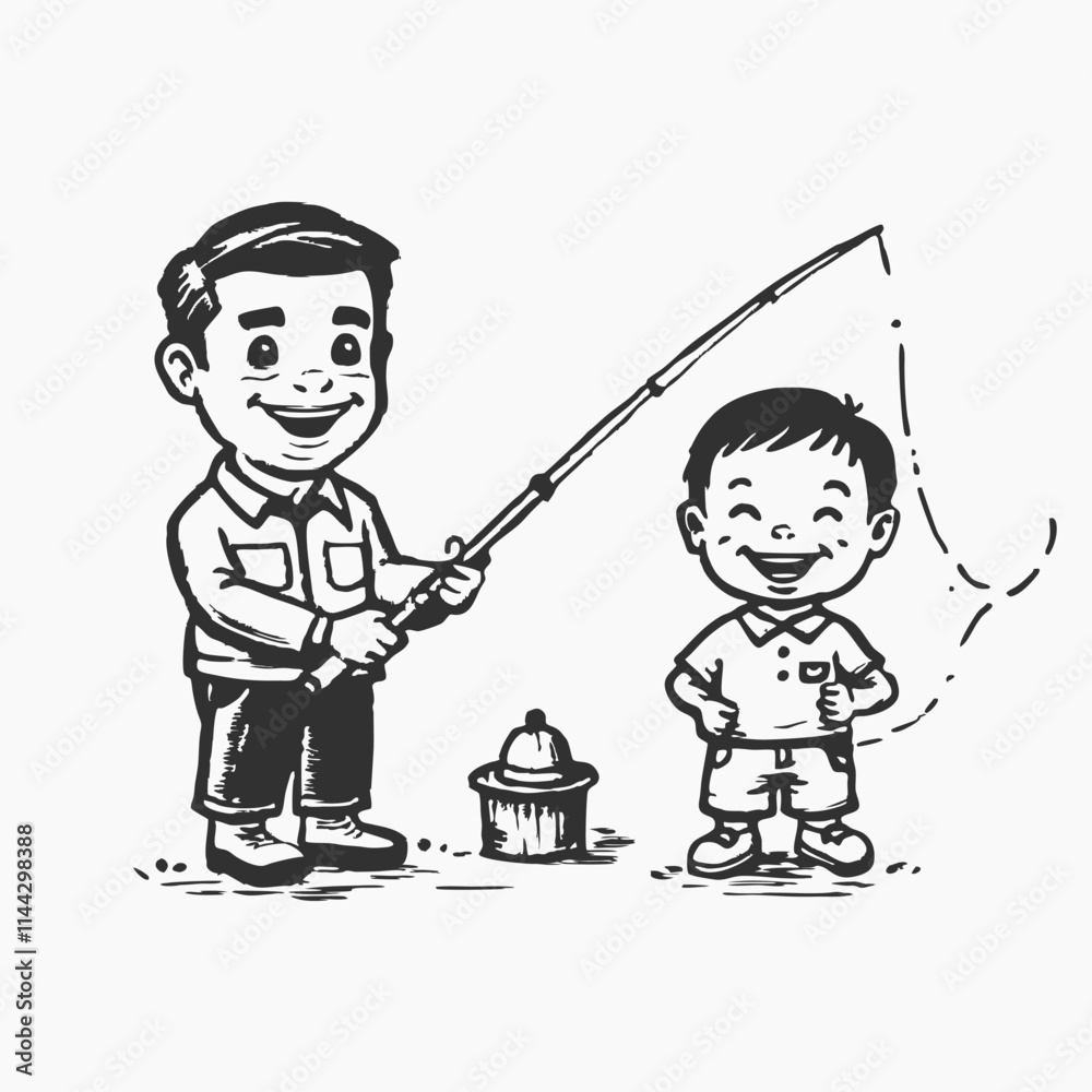 Happy family with kids fishing, Vector illustration of a cartoon father and son go on a fishing trip. Black silhouette Happy family with kids fishing, Vector illustration of a cartoon father and son go on a fishing trip. Black silhouette