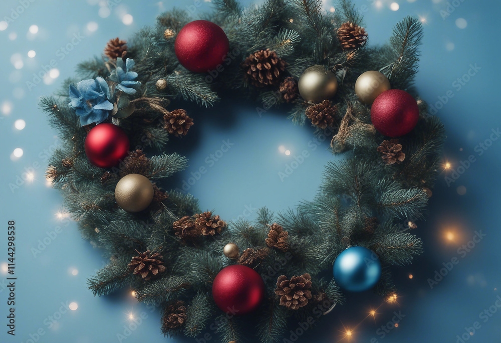 Blue background featuring Christmas wreath adorned with festive decorations capturing holiday spirit Blue background featuring Christmas wreath adorned with festive decorations capturing holiday spirit