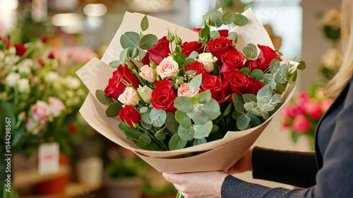 Elegant bouquet of red and pink roses with eucalyptus in florist's hands