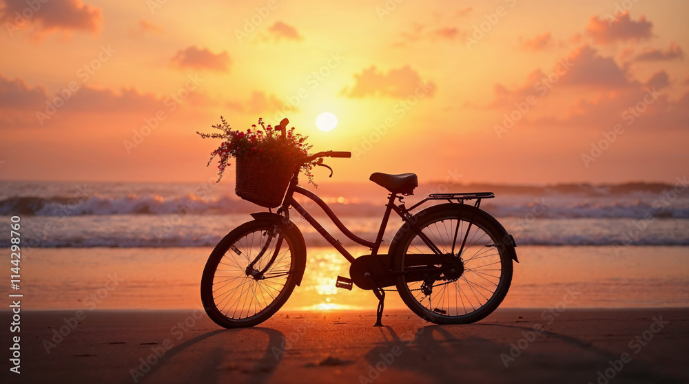 Fototapeta premium Bicicleta con flores al atardecer en la playa