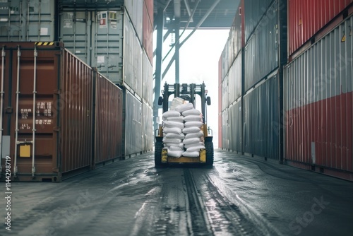 Forklift handling sugar bags for export distribution and logistics.