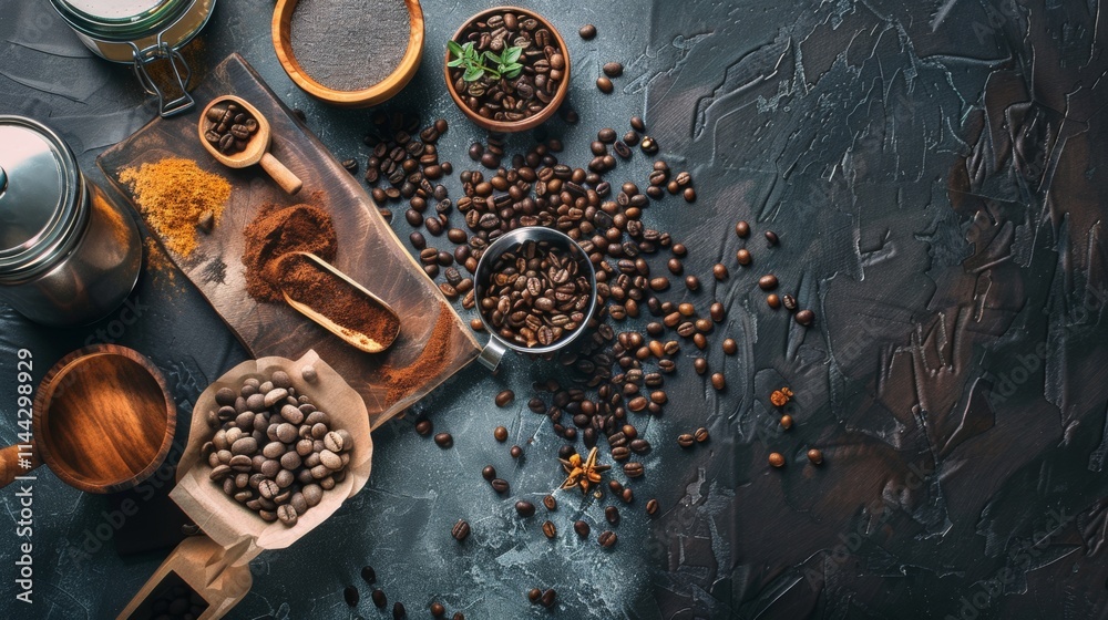 An assortment of various coffee beans and aromatic spices beautifully arranged on a dark table An assortment of various coffee beans and aromatic spices beautifully arranged on a dark table