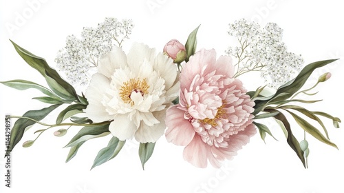 Fototapeta Naklejka Na Ścianę i Meble -  Elegant Watercolor Peonies and Baby Breath Floral Arrangement